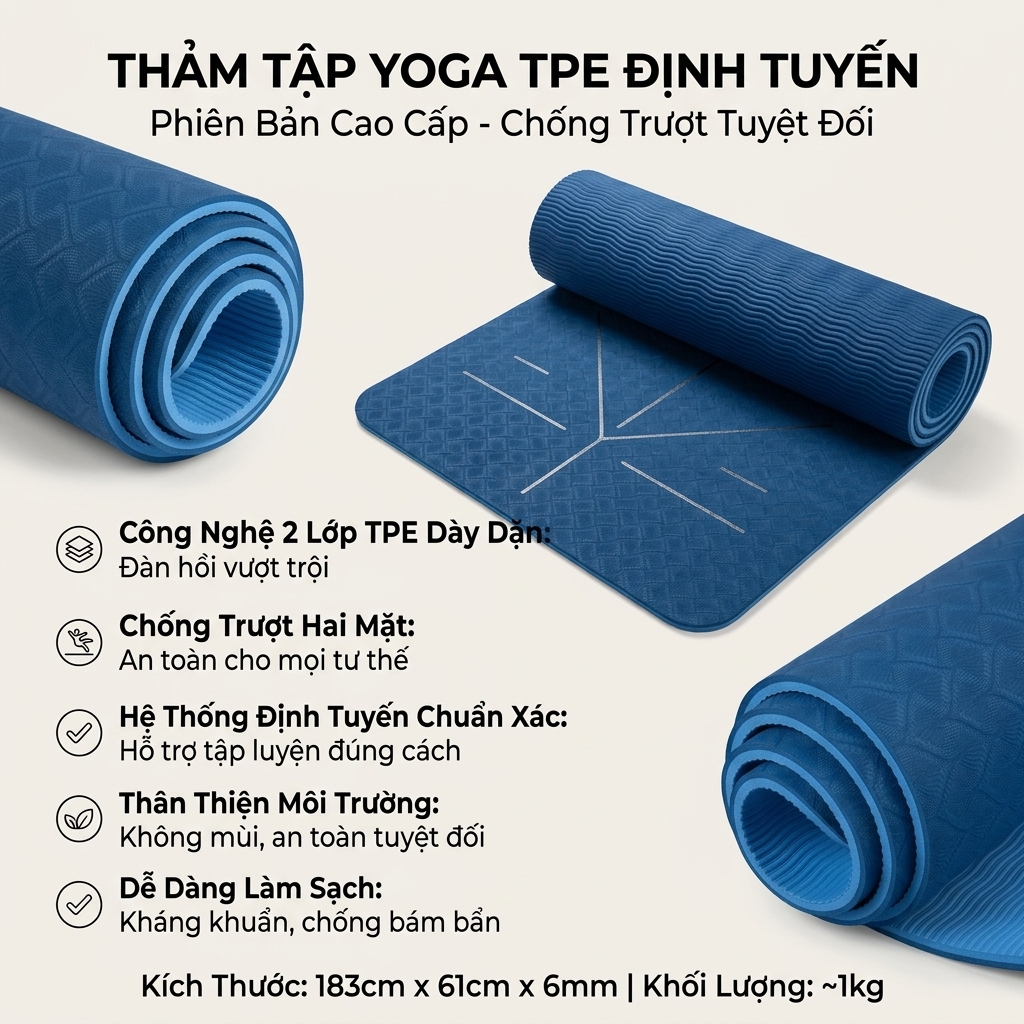Thảm Yoga TPE Định Tuyến 6mm Cao Cấp, Chống Trượt, Êm Ái